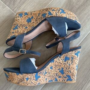 Anthropologie Arden Denim Blue Cork Platform Wedge Leather Sandals Size 9